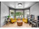 Bright sitting area featuring stylish yellow chairs, ottoman, and view to pool at 2405 E Lynwood Cir, Mesa, AZ 85213