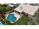 Aerial view of the property showcasing a swimming pool, covered patio, lush lawn, and well-maintained landscaping at 420 N Leoma Ln, Chandler, AZ 85225