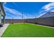 Backyard showcasing synthetic grass, pavers, string lights, and a block wall, perfect for outdoor activities at 7751 W Miami St, Phoenix, AZ 85043