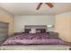 Well-lit bedroom features a ceiling fan, neutral decor, and a large bed with decorative pillows at 16017 S 12Th Pl, Phoenix, AZ 85048