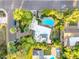 Overhead view of a home with a backyard pool, detailed landscaping, driveway, and street access with parked vehicles at 301 W Royal Palm Rd, Phoenix, AZ 85021