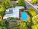 Detailed aerial view of home with a private pool, covered patio, and well-manicured backyard surrounded by lush trees at 301 W Royal Palm Rd, Phoenix, AZ 85021