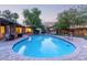 Backyard pool with brick surround, covered patio, a hammock, and lush landscaping for relaxation and entertainment at 301 W Royal Palm Rd, Phoenix, AZ 85021