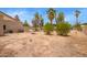 View of backyard with dirt ground, palm trees, desert landscaping, and enclosed pool area at 4922 W Fallen Leaf Ln, Glendale, AZ 85310