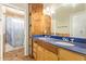 Bathroom featuring wood cabinets, double sinks, mirror, and shower at 4922 W Fallen Leaf Ln, Glendale, AZ 85310