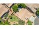 Aerial view of a private backyard featuring a sparkling pool, lush lawn, and mature landscaping at 1811 S Brentwood Pl, Chandler, AZ 85286