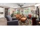 Comfortable living room with stylish furniture, ceiling fan, and sliding glass door at 18653 W Mescal St, Surprise, AZ 85388