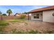 Spacious backyard featuring a partial patio, block fence, and mature palm tree at 2027 S Rowen St, Mesa, AZ 85209