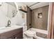 Beautiful bathroom features a modern vanity, tub with shower and neutral tones at 7777 E Main St # 143, Scottsdale, AZ 85251