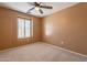 Cozy bedroom with tan walls, carpeted floor, ceiling fan, and natural light from shuttered window at 1086 S Nancy Ln, Gilbert, AZ 85296