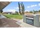 Large backyard featuring lush lawn, built-in BBQ area, and mature landscaping at 1408 N 62Nd Pl, Mesa, AZ 85205
