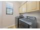 Laundry room featuring modern washer and dryer with built in cabinets and a window at 20750 N 87Th St # 2062, Scottsdale, AZ 85255