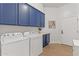 Bright laundry room features modern white washer and dryer with blue cabinets above and wood floors at 2625 N 24Th St # 22, Mesa, AZ 85213