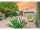Desert home exterior with mature landscaping featuring cacti, a large tree, and a driveway leading to a two-car garage at 39032 N 101St Way, Scottsdale, AZ 85262