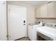 Bright laundry room featuring a modern washer and dryer, plus storage cabinets and access to an exterior door at 5451 W Folley St, Chandler, AZ 85226