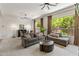 Comfortable living room with plush seating, modern lighting, and views of the lush outdoors at 2105 E San Carlos Pl, Chandler, AZ 85249