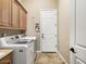 Efficient laundry room featuring a washer, dryer, storage cabinets, and easy access to the home's interior at 26409 N 49Th Ln, Phoenix, AZ 85083