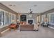 Bright living room offers stone fireplace, large windows with shutters, and comfortable seating at 5812 W Spur Dr, Phoenix, AZ 85083