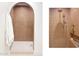 Stunning shower featuring light pink tile, an arched entrance, and gold fixtures at 6529 E Eugie Ter, Scottsdale, AZ 85254