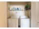 Functional laundry area with washer, dryer, and storage shelves for convenient home care at 1941 S Pierpont Dr # 2073, Mesa, AZ 85206