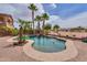Backyard pool and spa area featuring palm trees, a waterfall, and a basketball hoop at 21841 N Ingram Ct, Maricopa, AZ 85138