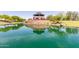 A tranquil view of the Layton Lakes community entrance surrounded by manicured landscaping and still, green water at 652 E Rojo Way, Gilbert, AZ 85297