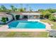 Aerial view of a private backyard features a sparkling pool, patio area, and lush landscaping at 1562 W Las Palmaritas Dr, Phoenix, AZ 85021