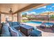 Cozy covered patio with comfortable seating, ideal for outdoor relaxation and entertaining with a view of the pool at 2185 E Gillcrest Rd, Gilbert, AZ 85298