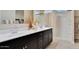 Modern bathroom with a dual sink vanity, decorative accents, and a shower with curtain at 24052 W Pima St, Buckeye, AZ 85326