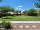 Community park area with a playground, walking path, mature trees, and green grass at 2754 S Apache Dr, Chandler, AZ 85286