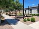 Community walkway with shaded seating, desert landscaping, and view of community amenities at 2754 S Apache Dr, Chandler, AZ 85286