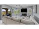 Bright living room with a modern white sectional, flat-screen TV, and balcony access at 3935 E Rough Rider Rd # 1039, Phoenix, AZ 85050