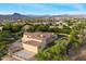 High altitude view of a private residential estate featuring large yards, pool, and scenic mountain backdrop at 3523 E Presidio Cir, Mesa, AZ 85213