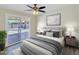 Bedroom features a neutral palette, ceiling fan, and sliding glass doors to the backyard at 3650 E Laurel Ln, Phoenix, AZ 85028