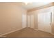 Bedroom with a light brown carpet, a pair of sliding door closet, and a standard door closet at 4241 E Andre Ave, Gilbert, AZ 85298