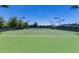 Green tennis court with net, fencing, and mature trees on a sunny day at 215 N Power Rd # 33, Mesa, AZ 85205