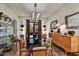 Well-lit dining area with a dark countertop table, elegant chairs and decorative art at 7751 E Golden Eagle Cir, Gold Canyon, AZ 85118
