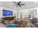 Cozy living room with comfortable seating, a large television, and elegant decor at 24372 N 96Th Ln, Peoria, AZ 85383