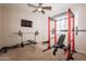 This room is set up as a home gym, complete with weight racks, benches, and a flat screen tv at 550 W Powell Way, Chandler, AZ 85248