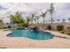 Beautiful pool with a rock waterfall feature, diving board, and mature palm trees in a private backyard at 550 W Powell Way, Chandler, AZ 85248