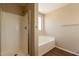 Bathroom showcases a walk-in shower and a soaking tub with wood-look flooring at 33055 N Madison Way Dr, San Tan Valley, AZ 85144