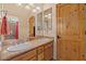Bathroom featuring wood cabinets, double sinks, decorative mirror, and tiled shower at 9435 E Hobart Cir, Mesa, AZ 85207
