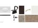 Material board featuring white sink, black faucet, wood flooring, tan carpet and dark wood cabinets at 15744 W Camden Ave, Waddell, AZ 85355