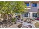 Landscaped backyard with potted plants and stone pavers, creating a cozy and inviting outdoor retreat at 4609 E Ironhorse Rd, Gilbert, AZ 85297