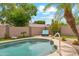 Private backyard pool featuring a lounge chair, mature landscaping, and privacy walls at 10341 E Dragoon Ave, Mesa, AZ 85208