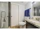 Bathroom with modern glass shower stall, and wood look tile flooring at 2301 E University Dr # 488, Mesa, AZ 85213