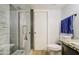 Bathroom with modern glass shower stall, and wood look tile flooring at 2301 E University Dr # 488, Mesa, AZ 85213