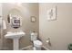 Charming powder room with pedestal sink, neutral walls, and decorative accents at 12027 S 183Rd Dr, Goodyear, AZ 85338