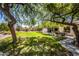 Expansive backyard featuring lush lawn, mature trees, stone barbecue, and outdoor seating areas at 6334 E Albany St, Mesa, AZ 85205
