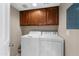 Convenient laundry room equipped with a washing machine, a dryer, and storage cabinets at 3235 E Camelback Rd # 124, Phoenix, AZ 85018
